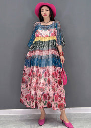 Fashion Square Collar Print Chiffon Long Dresses Short Sleeve