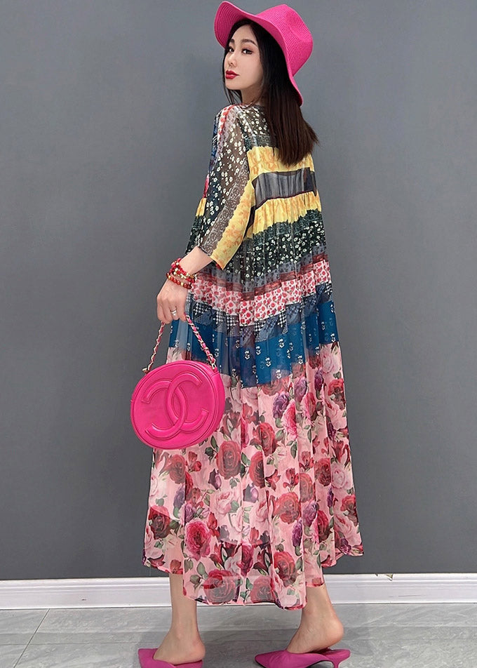 Fashion Square Collar Print Chiffon Long Dresses Short Sleeve