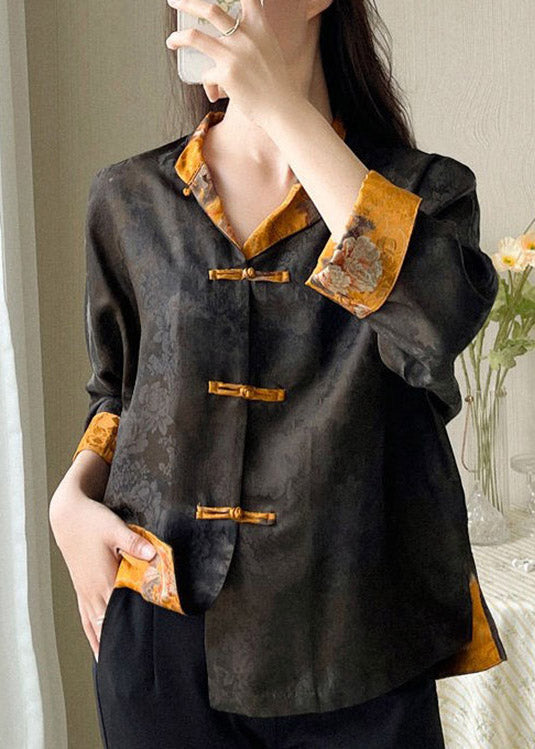 Fashion Stand Collar Print Button Side Open Silk Coat Long Sleeve