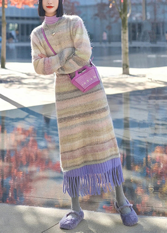 Fashion Striped O-Neck Tassel Patchwork Ma Hai Mao Knit Dress Winter