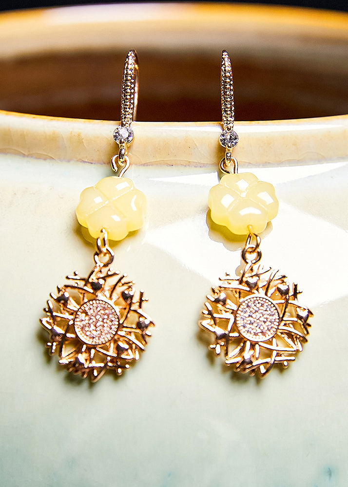Fashion Sunflower Zircon 14K Gold Drop Earrings