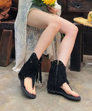 Fashion Tasseled Rivet Splicing Wedge Thong Sandals Apricot Suede