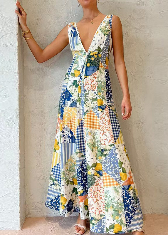 Fashion V Neck Print Backless Long Dresses Sleeveless