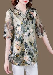 Fashion V Neck Print Button Silk Shirts Short Sleeve