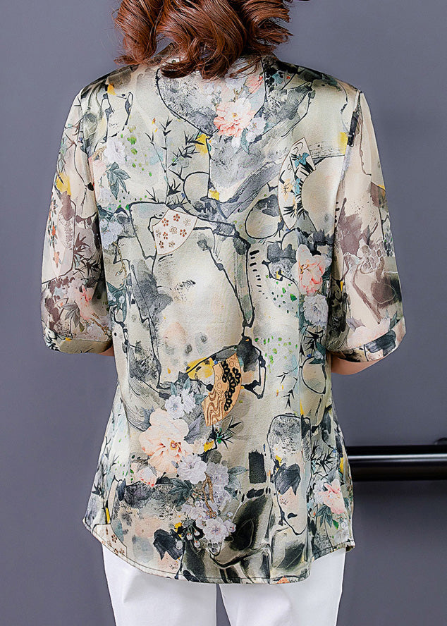 Fashion V Neck Print Button Silk Shirts Short Sleeve