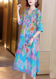 Fashion V Neck Print Silk Long Dresses Half Sleeve