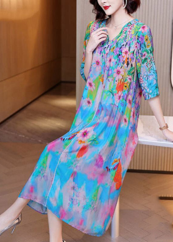 Fashion V Neck Print Silk Long Dresses Half Sleeve