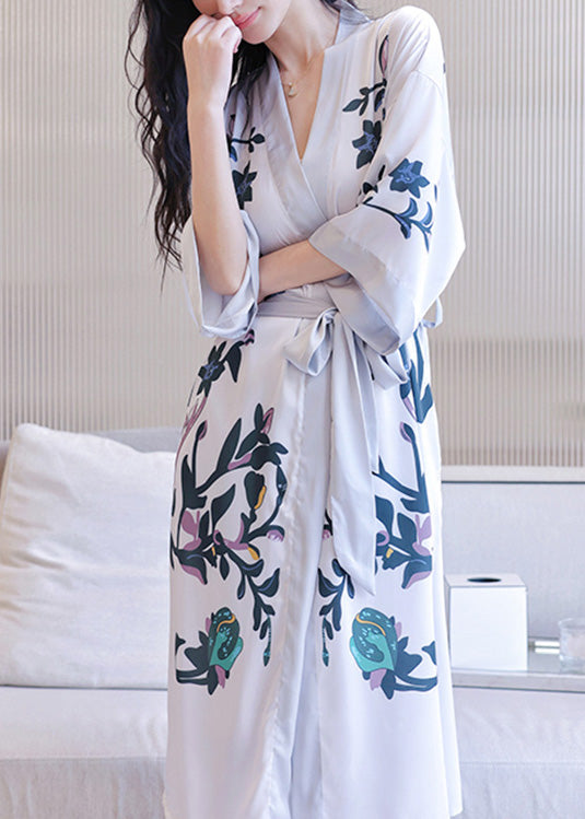 Fashion V Neck Print Tie Waist Ice Silk Maxi Robe Long Sleeve