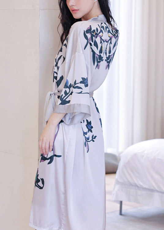 Fashion V Neck Print Tie Waist Ice Silk Maxi Robe Long Sleeve