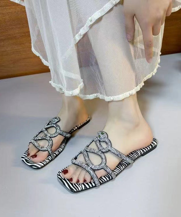Fashion Versatile Black Zircon Peep Toe Slide Sandals