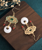 Fashion White Alloy Inlaid Gem Stone Jade Cloisonne Enamel Tassel Ping Buckle Drop Earrings