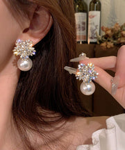 Fashion White Alloy Zircon Snowflake Pearl Stud Earrings