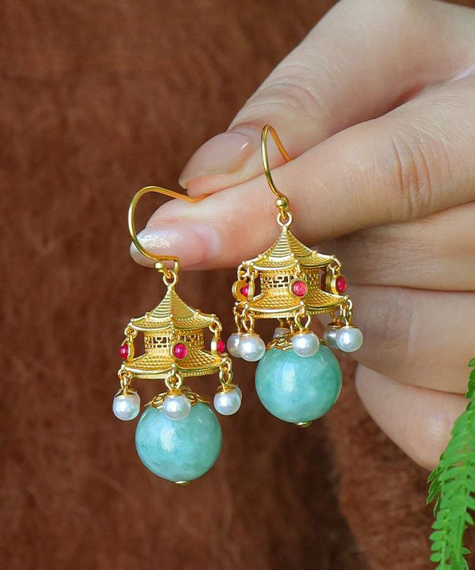 Fashion White Ancient Gold Pearl Agate Palace Lantern Drop Earrings