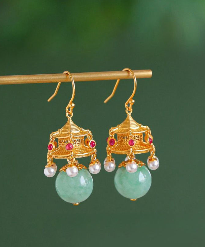 Fashion White Ancient Gold Pearl Agate Palace Lantern Drop Earrings