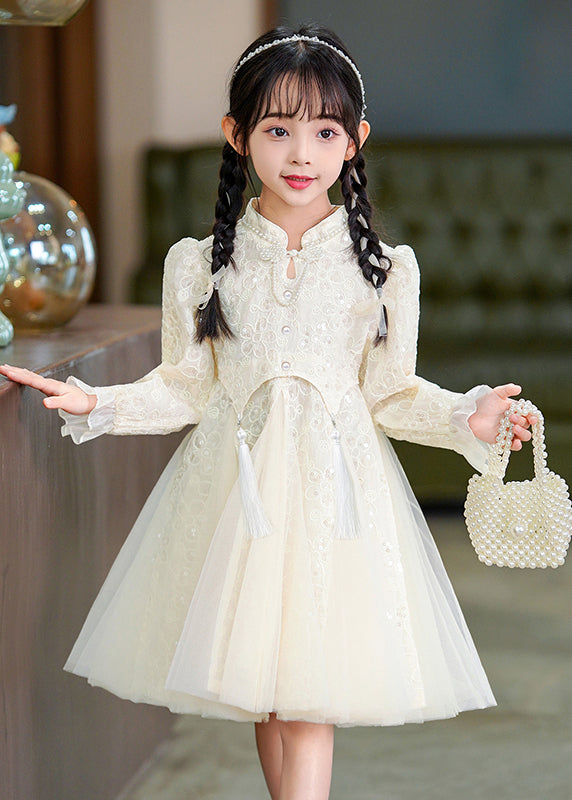 Fashion White Asymmetrical Embroideried Floral Tulle Girls Long Dress Flare Sleeve