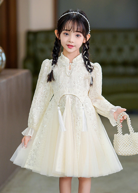 Fashion White Asymmetrical Embroideried Floral Tulle Girls Long Dress Flare Sleeve