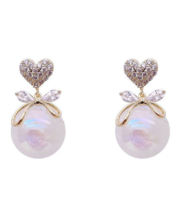 Fashion White Copper Overgild 14K Gold Pearl Zircon Bow Drop Earrings