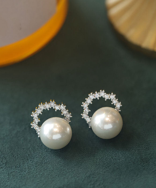 Fashion White Copper Pearl Zirco Hoop Earrings