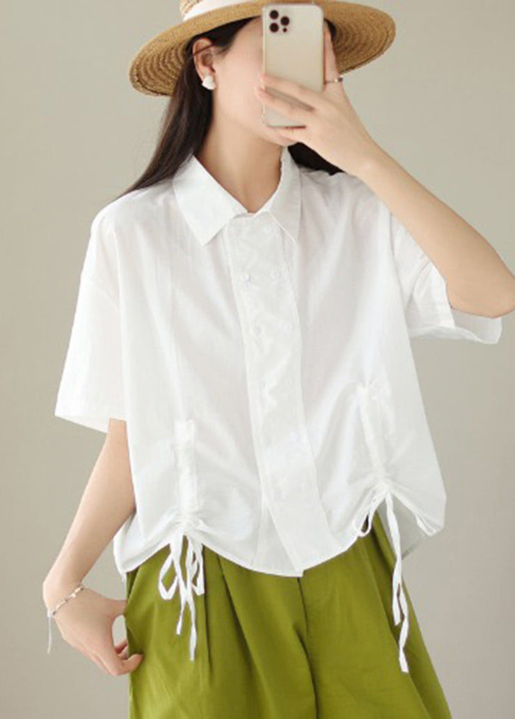 Fashion White Double Breast Drawstring Cotton Shirt Tops Summer