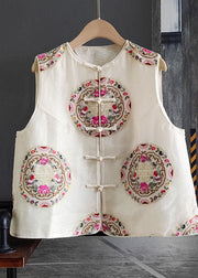 Fashion White Embroideried Patchwork Silk Vest Sleeveless