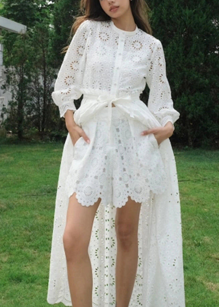 Fashion White Hollow Out Lace Two Piece Suit Set Fall