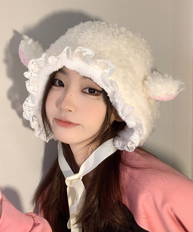 Fashion White Lace Patchwork Faux Fur Bonnie Hat