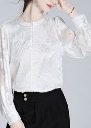 Fashion White O-Neck Button Jacquard Slik Shirt Spring