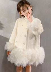 Fashion White O-Neck Button Tulle Patchwork Girls Mid Dresses Spring