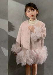 Fashion White O-Neck Button Tulle Patchwork Girls Mid Dresses Spring