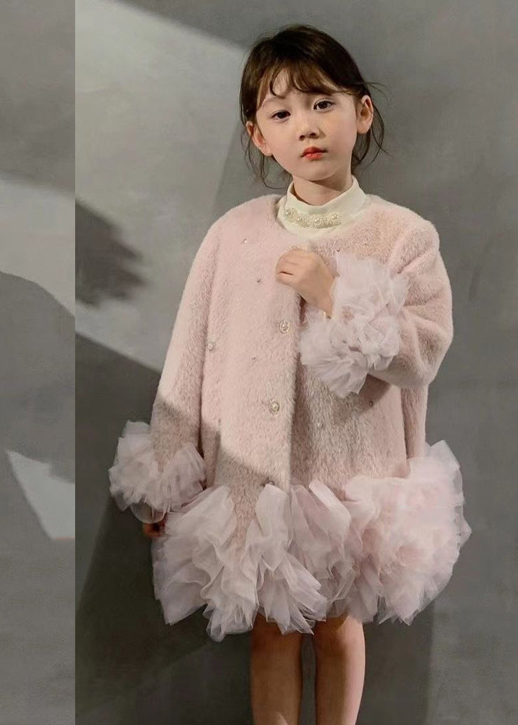 Fashion White O-Neck Button Tulle Patchwork Girls Mid Dresses Spring