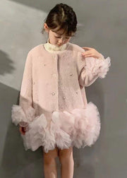 Fashion White O-Neck Button Tulle Patchwork Girls Mid Dresses Spring