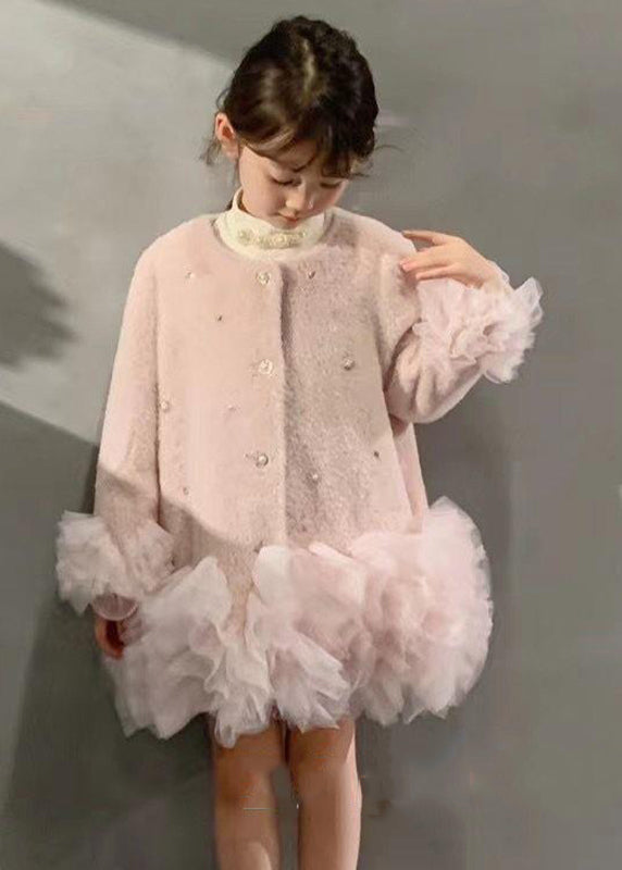 Fashion White O-Neck Button Tulle Patchwork Girls Mid Dresses Winter