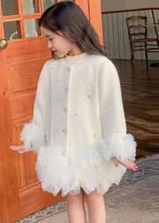 Fashion White O-Neck Button Tulle Patchwork Girls Mid Dresses Spring