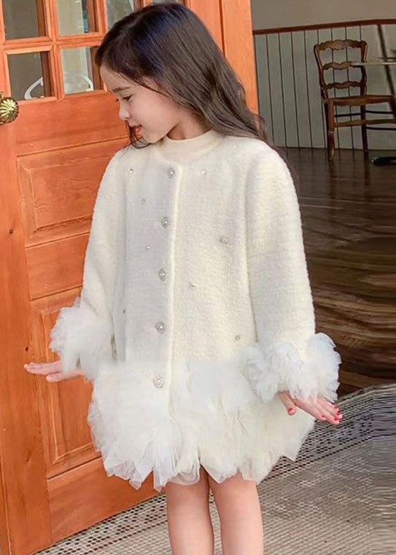 Fashion White O-Neck Button Tulle Patchwork Girls Mid Dresses Winter