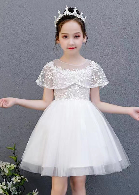 Fashion White O-Neck Embroideried Floral Tulle Kids Mid Dress Summer