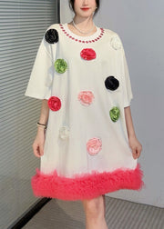Fashion White O Neck Floral Zircon Cotton Mid Dress Summer