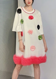 Fashion White O Neck Floral Zircon Cotton Mid Dress Summer