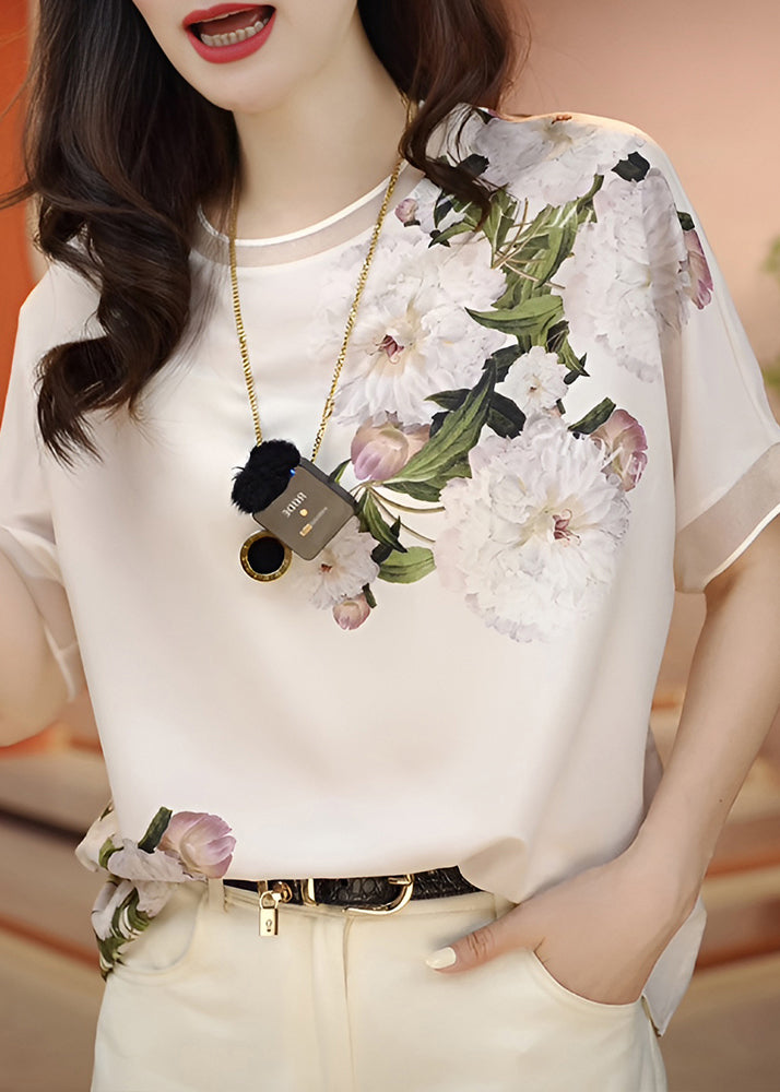 Fashion White O-Neck Print Chiffon Blouses Summer