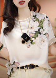 Fashion White O-Neck Print Chiffon Blouses Summer