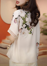 Fashion White O-Neck Print Chiffon Blouses Summer