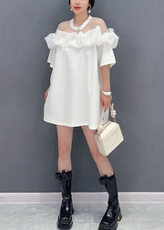 Fashion White O Neck Ruffled Tulle Patchwork Cotton Mid Dress Summer