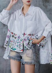 Fashion White Oversized Dandelion Print Cotton Shirt Tops Spring