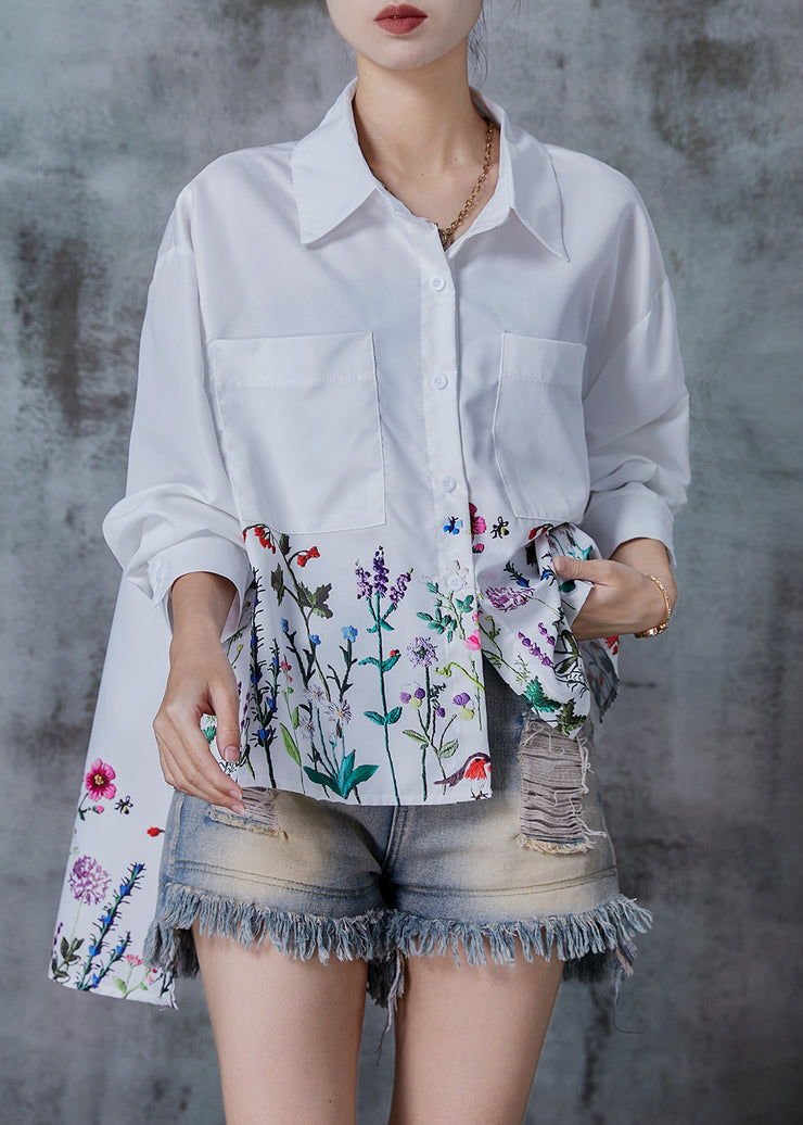 Fashion White Oversized Dandelion Print Cotton Shirt Tops Spring