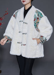 Fashion White Oversized Patchwork Chinese Button Faux Fur Jacket Winter