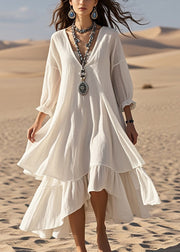 Fashion White Oversized Patchwork Cotton Maxi Dresses Bracelet Sleeve