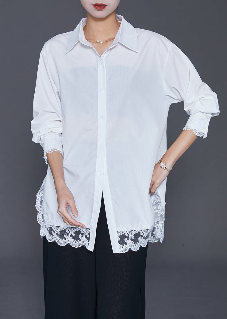 Fashion White Oversized Patchwork Lace Cotton Shirt Fall