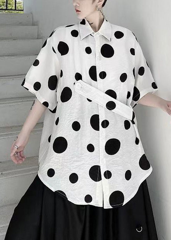 Fashion White Peter Pan Collar Dot Cotton Shirts Mens Summer