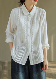 Fashion White Peter Pan Collar Lace Patchwork Wrinkled Cotton Shirt Top Spring