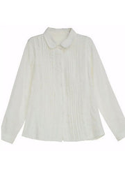 Fashion White Peter Pan Collar Lace Patchwork Wrinkled Cotton Shirt Top Spring