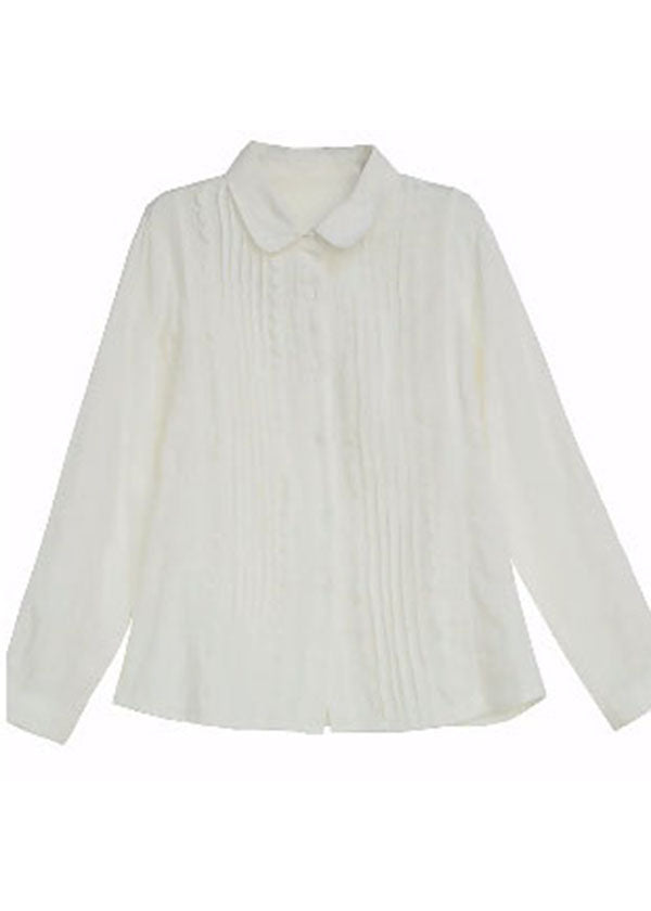 Fashion White Peter Pan Collar Lace Patchwork Wrinkled Cotton Shirt Top Spring